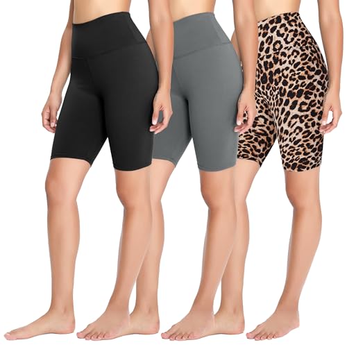 FOTOCITI 3er Pack Radlerhose Damen High Waist Kurze Sporthose Elastisch Shorts Sommer Leggings Hosen für Sport Yoga Gym(06#Schwarz+Dunkelgrau+Leopard, L-XL) von FOTOCITI