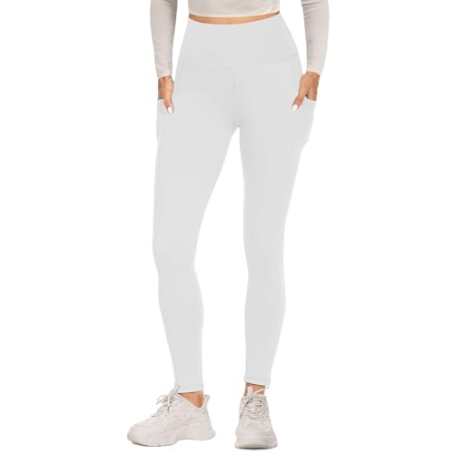 FOTOCITI Sport Leggings Damen mit Tasche High Waist Sportleggins Lang Blickdicht Sporthose Push Up Yogahose Bauchweg Laufhose Fitnesshose Hose(1-Weiß, L-XL) von FOTOCITI