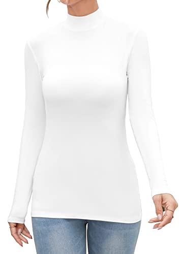 FOUGEDE Damen Langarm/Ärmellos Mock Rollkragen Klassisch Modisch Tailliert Stretch Slim Tops, Modal, langärmelig, Weiß, Mittel von FOUGEDE