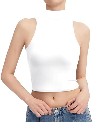 FOUGEDE Damen Mock Rollkragen Langarm/Ärmellos/Halbarm/Kurzarm/Crop Top Basic Tailliert Stretch Slim Tops, 7031 Weiß, XX-Large von FOUGEDE