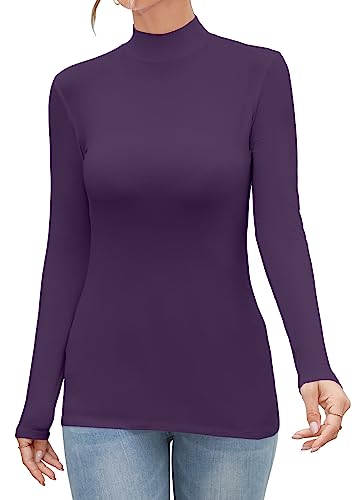 FOUGEDE Damen Mock Rollkragen Langarm/Ärmellos/Halbarm/Kurzarm/Crop Top Basic Tailliert Stretch Slim Tops, Modal Langarm Dunkelviolett, Groß von FOUGEDE