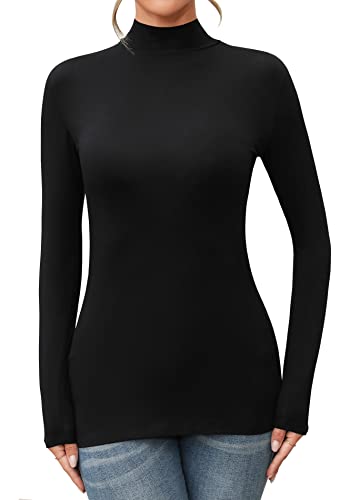 FOUGEDE Damen Mock Rollkragen Langarm/Ärmellos/Halbarm/Kurzarm/Crop Top Basic Tailliert Stretch Slim Tops, Modal Langarm Schwarz, Groß von FOUGEDE