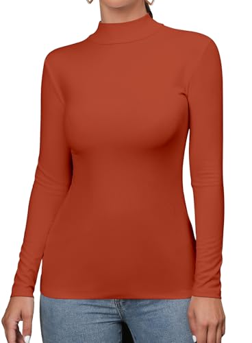 FOUGEDE Damen Mock Rollkragen Langarm/Ärmellos/Halbarm/Kurzarm/Crop Top Basic Tailliert Stretch Slim Tops, Rostrot, Mittel von FOUGEDE