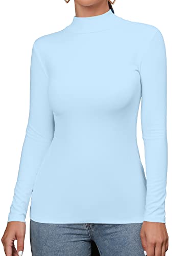 FOUGEDE Damen Mock Rollkragen Langarm/Ärmellos Basic Fitted Stretch Slim Shirts Tops, Hell, blau, Mittel von FOUGEDE