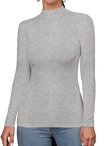 FOUGEDE Damen Mock Rollkragen Langarm Ärmellos Basic Fitted Stretch Slim Shirts Tops, Meliert, Grau, Klein von FOUGEDE