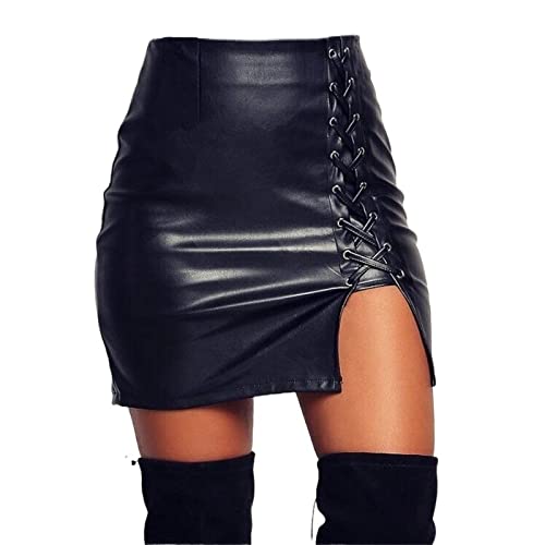 Lederrock,Lederrock Damen Damen über Knie schwarz Pu. Leder Mini Röcke Winter Frauen Hohe Taille Front Split Eleganter kurzer Rock (Color : Black, Size : M) von FOUNCY