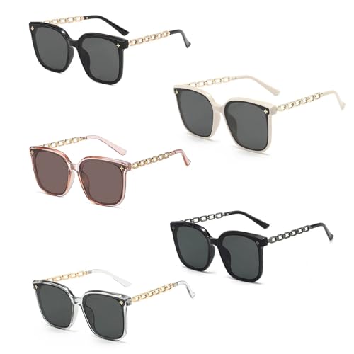 FOUNSHO 5 Paar Sonnenbrille für Damen, Klassisch Vintage Rechteckige Übergröße Sonnenbrille Reisen Party Accessoires, Trendy Groß Frauen Sonnenbrillen UV400 Fahren Brillen (5CPS) von FOUNSHO