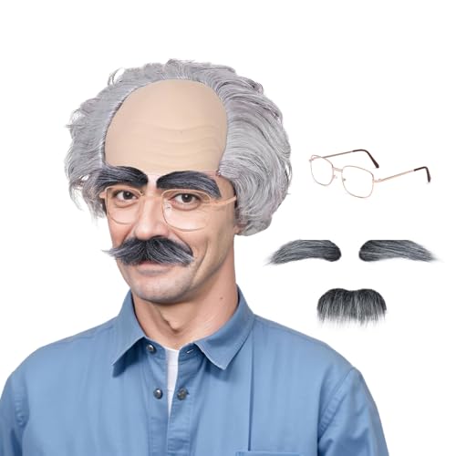 FOUNSHO Alter Mann Perücke Kostüm Brille Augenbrauen Bart, Grau Haar Opa Kostüm Perücke Herren Kinder, Glatzen Perücken Halbglatze Perückenkappe Glatzkopf Herren Latex Kahle Kappe Halloween (Grau) FOUNSHO Alter Mann Perücke Kostüm Brille Augenbrauen Bart, Grau Haar Opa Kostüm Perücke Herren Kinder, Glatzen Perücken Halbglatze Perückenkappe Glatzkopf Herren Latex Kahle Kappe Halloween (Grau) von FOUNSHO