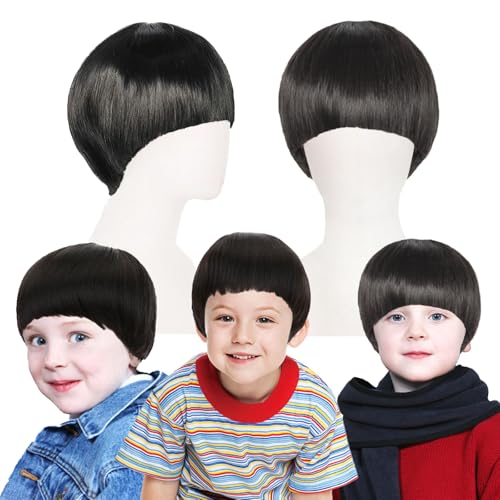 FOUNSHO Kinder Perück Kurze Schwarz, 60er 70er Topfschnitt Bob Perücke mit Pony für Jungen Mädchen Party Kostüm Cosplay Synthetisches Haar Anime Perücken Gerade Für Täglich Halloween (Schwarz) von FOUNSHO