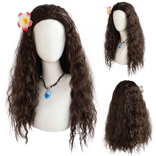 FOUNSHO Prinzessin Perücke mit Blume Kinderperücke Prinzessin Kostüm Party Perücke Fancy Dress Up Für Frauen Kinder Braun Lockige Perücke Lange Kostüm Halloween Mädchen Cosplay Perücke Zubehör (Braun) von FOUNSHO