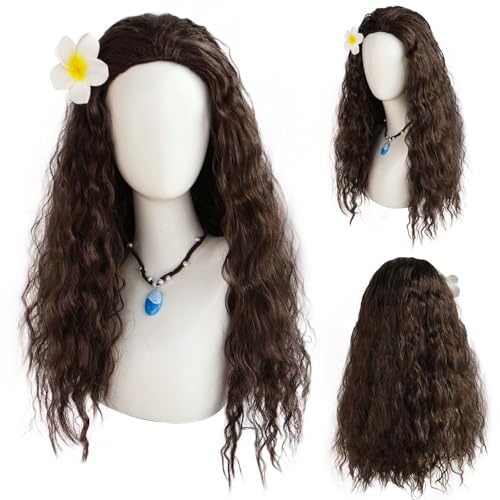 FOUNSHO Prinzessin Perücke mit Blume Kinderperücke Prinzessin Kostüm Party Perücke Fancy Dress Up Für Frauen Kinder Braun Lockige Perücke Lange Kostüm Halloween Mädchen Cosplay Zubehör Perücke (Braun) von FOUNSHO