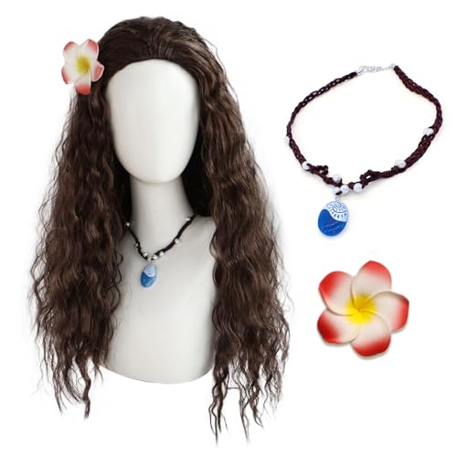 FOUNSHO Prinzessin Perücke mit Blume und Halskette Kinderperücke Prinzessin Kostüm Perücke Fancy Dress Up Für Frauen Kinder Braun Lockige Perücke Lange Kostüm Halloween Mädchen Cosplay (Braun) von FOUNSHO