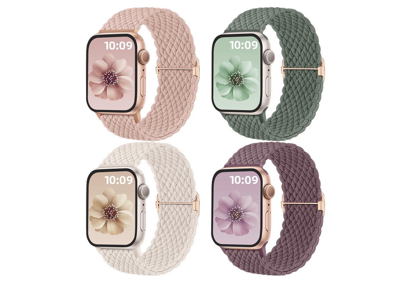 FOUORTUNATE-BEE Armband 4 Stück Geflochtenes Armbänder Kompatibel mit Apple Watch Armband (Damen Herren Elastisches Nylon Stoff Armband-Sport Solo Loop), Loop für iWatch SE Series 11 10 9 8 7 6 5 4 3 2 1 Ultra von FOUORTUNATE-BEE