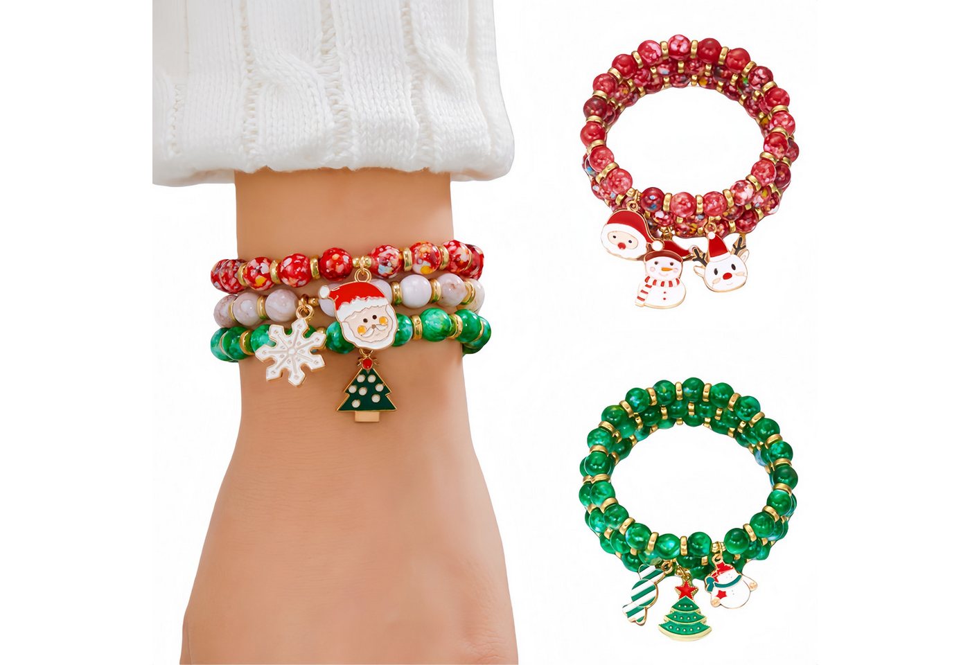 FOUORTUNATE-BEE Armband Set Weihnachts Armband Set Damen – 3 Stück mit festlichen Anhängern, Elastische Perlenarmbänder für Weihnachtsfeier Party Looks von FOUORTUNATE-BEE