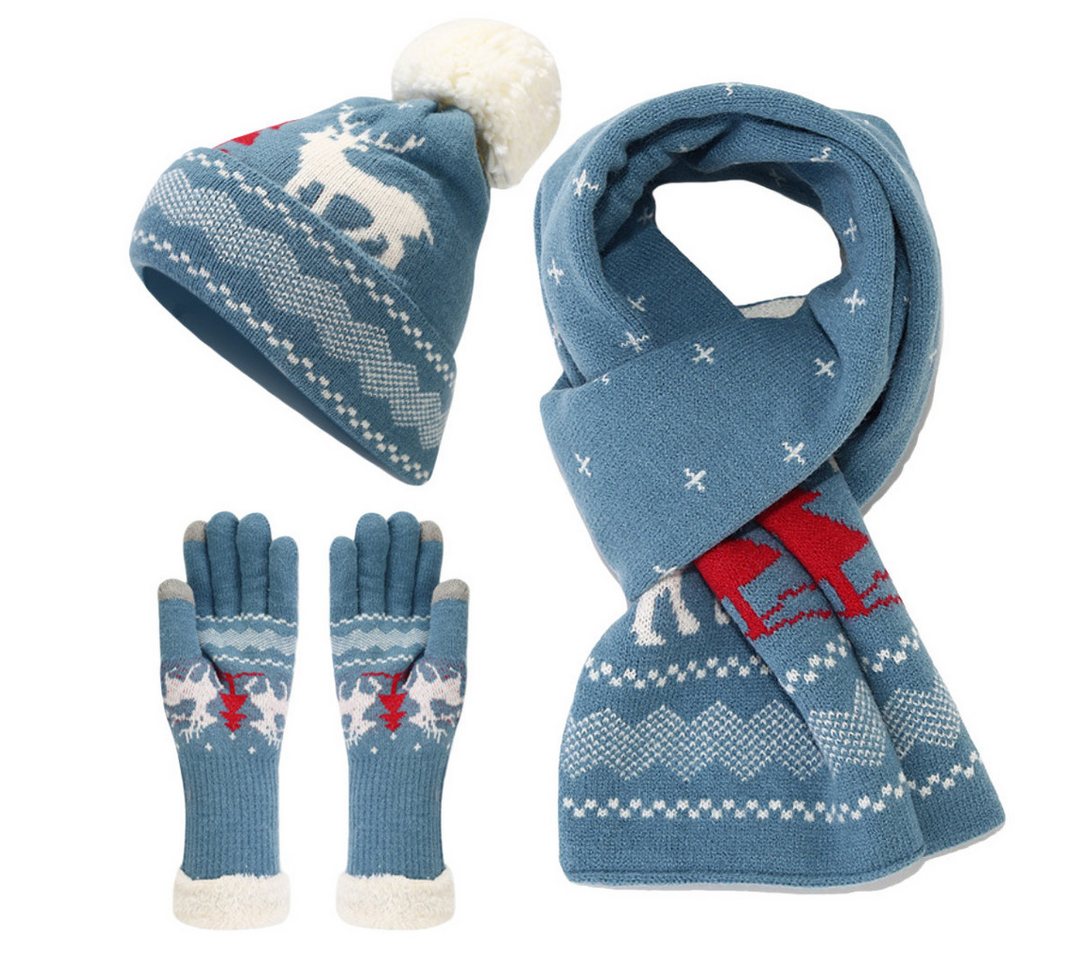 FOUORTUNATE-BEE Beanie Weihnachts Mütze Schal Handschuhe Set mit Rentier Strickdesign (Winter Strickset für Damen mit Rentiermotiv für Herbst und Winter) von FOUORTUNATE-BEE