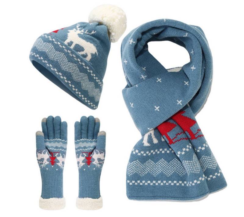 FOUORTUNATE-BEE Beanie Weihnachts Mütze Schal Handschuhe Set mit Rentier Strickdesign (Winter Strickset für Damen mit Rentiermotiv für Herbst und Winter) von FOUORTUNATE-BEE