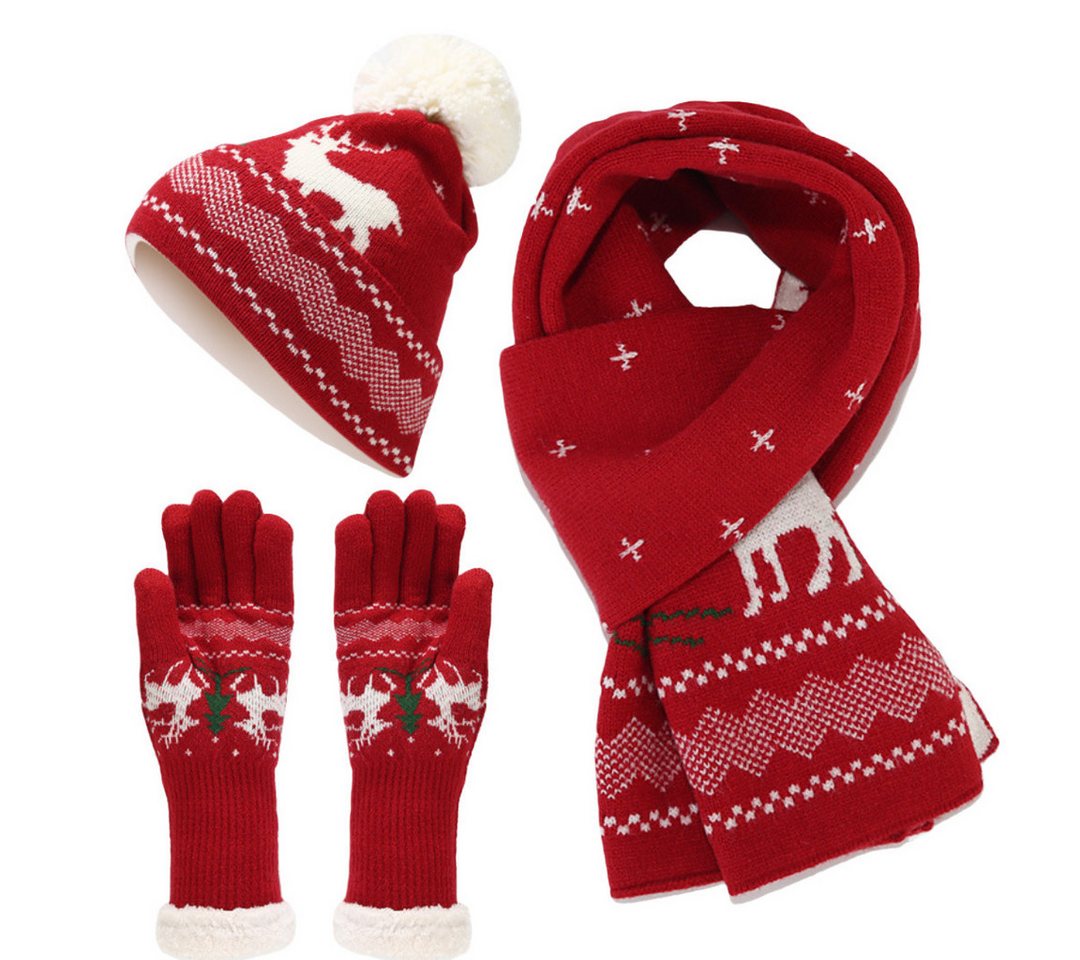 FOUORTUNATE-BEE Beanie Weihnachts Mütze Schal Handschuhe Set mit Rentier Strickdesign (Winter Strickset für Damen mit Rentiermotiv für Herbst und Winter) von FOUORTUNATE-BEE