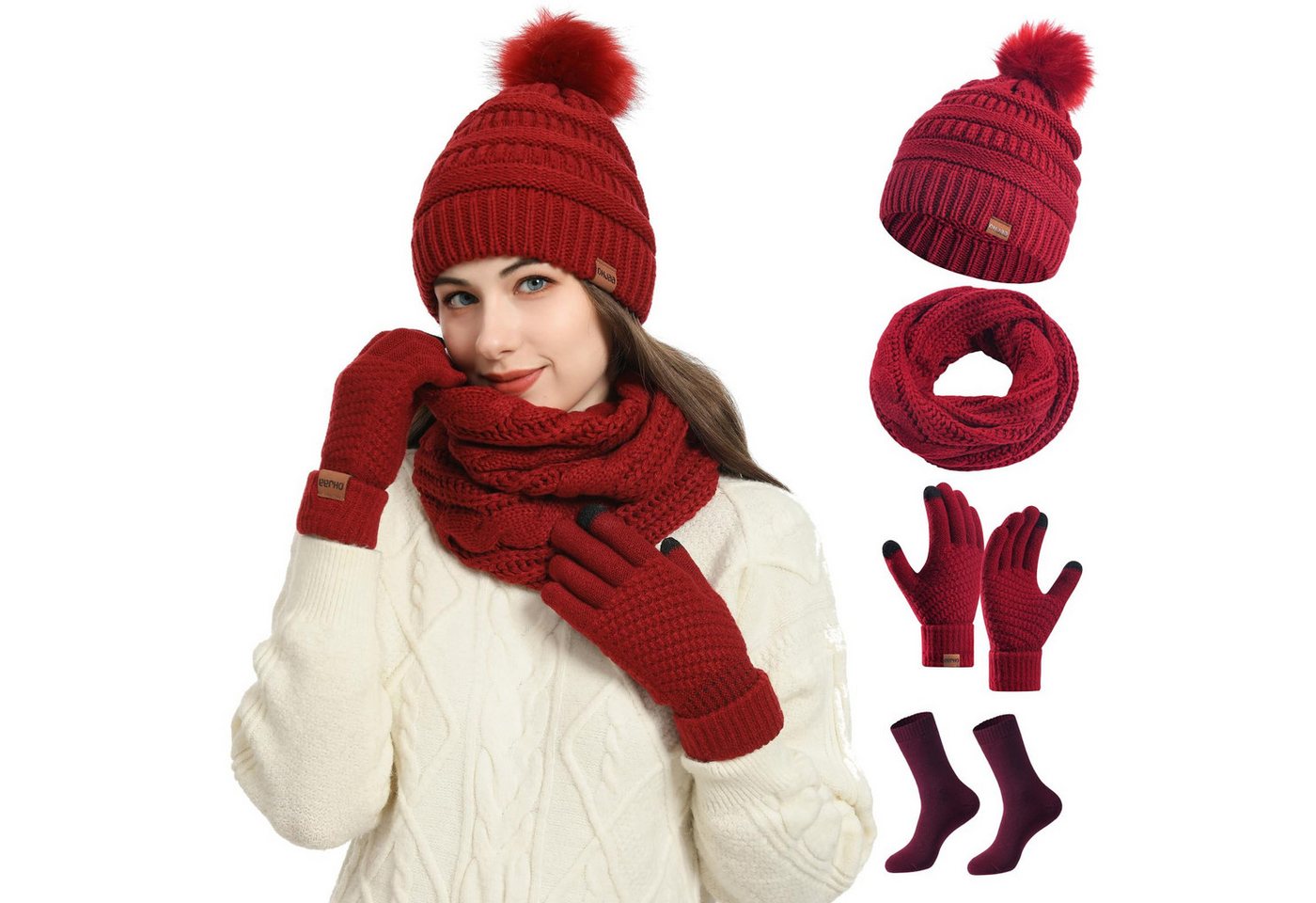 FOUORTUNATE-BEE Beanie Winter Damen Strickset – Mütze, Schal, Handschuhe & Socken 4-teilig (Warm­er Damen Winter-Strickmix mit Mütze, Schal und Handschuhen) von FOUORTUNATE-BEE