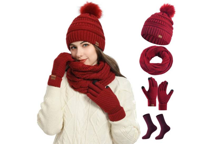 FOUORTUNATE-BEE Beanie Winter Damen Strickset – Mütze, Schal, Handschuhe & Socken 4-teilig (Warm­er Damen Winter-Strickmix mit Mütze, Schal und Handschuhen) von FOUORTUNATE-BEE