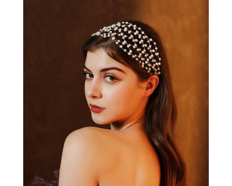 FOUORTUNATE-BEE Haargummi Braut Haarband mit Kunstperlen – Elegantes Accessoire für Hochzeiten, Netz-Haarreif mit Perlen für Braut, Kleid & besondere Anlässe von FOUORTUNATE-BEE