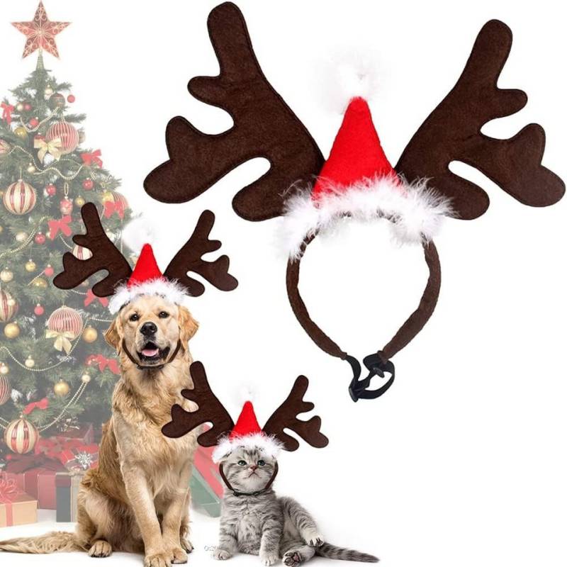 FOUORTUNATE-BEE Haarreif Weihnachten Haustier Stirnband Hund Katze Rentier Geweih, Weihnachtskostüm Elch Kopfbedeckung Verstellbare Kopfschmuck Haarreif, mit Weihnachtsmütze, Weihnachts Kostüm Outfit, für Hunde Katzen Geschenk von FOUORTUNATE-BEE