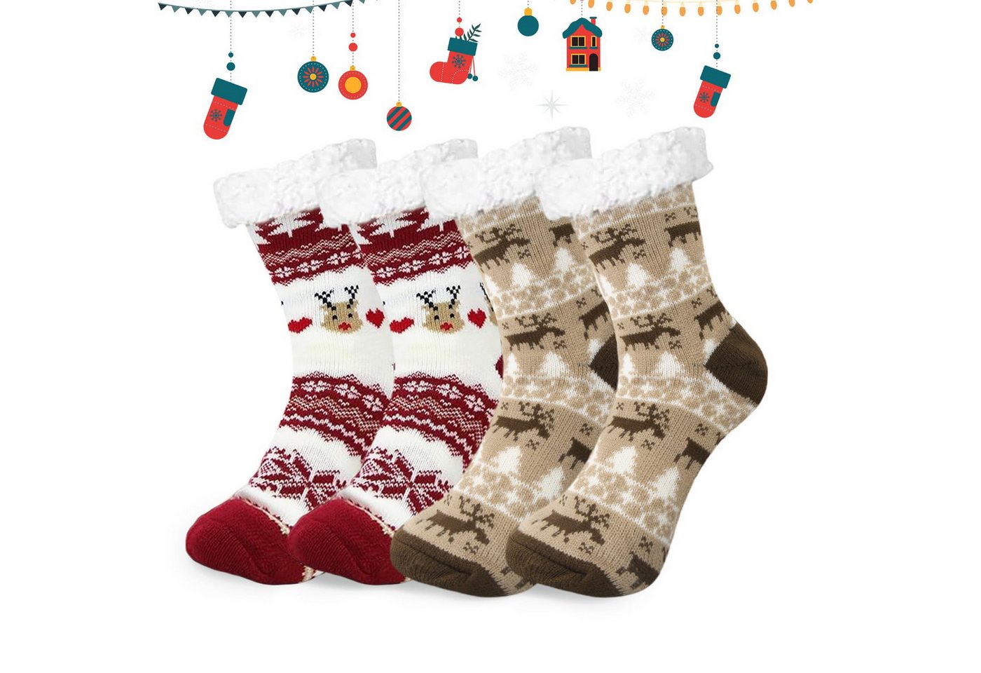 FOUORTUNATE-BEE Haussocken 2 Paar weiche Weihnachtssocken für Damen – warm & rutschfest Dick gefüttert, gemütlich für Zuhause – ideale Winter-Bodensocken von FOUORTUNATE-BEE