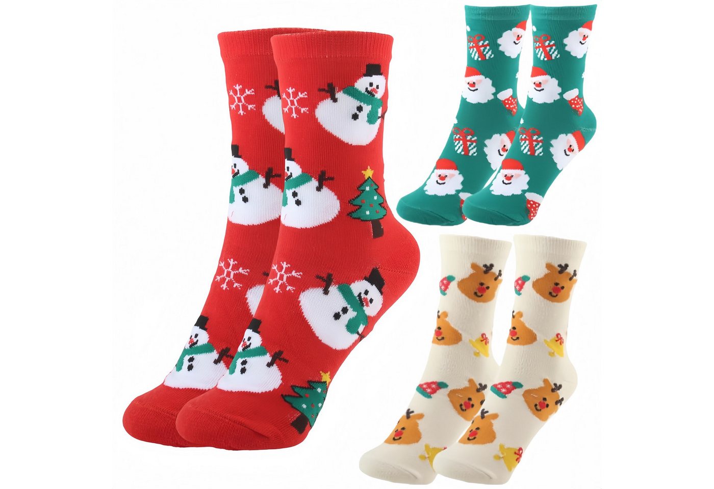 FOUORTUNATE-BEE Haussocken 3 Paar Weihnachts-Socken für Damen und Kinder – festliche Motive Mittelhohe Herbst- und Wintersocken mit Santa, Rentier & Schneemann von FOUORTUNATE-BEE