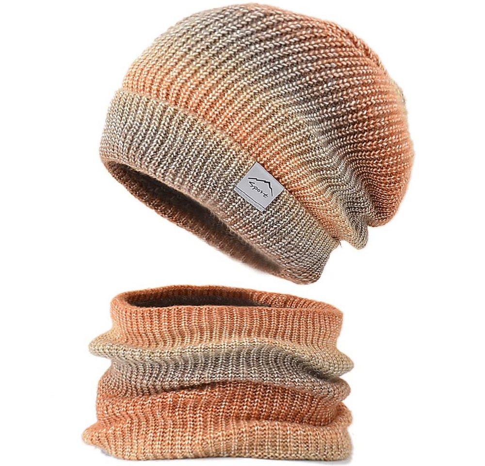 FOUORTUNATE-BEE Strickmütze Damen-Strickmütze mit Farbverlauf & Schal – Warmes Winterset (Herbst- & Wintermütze mit Ohrenwärmer passendem Schal) von FOUORTUNATE-BEE