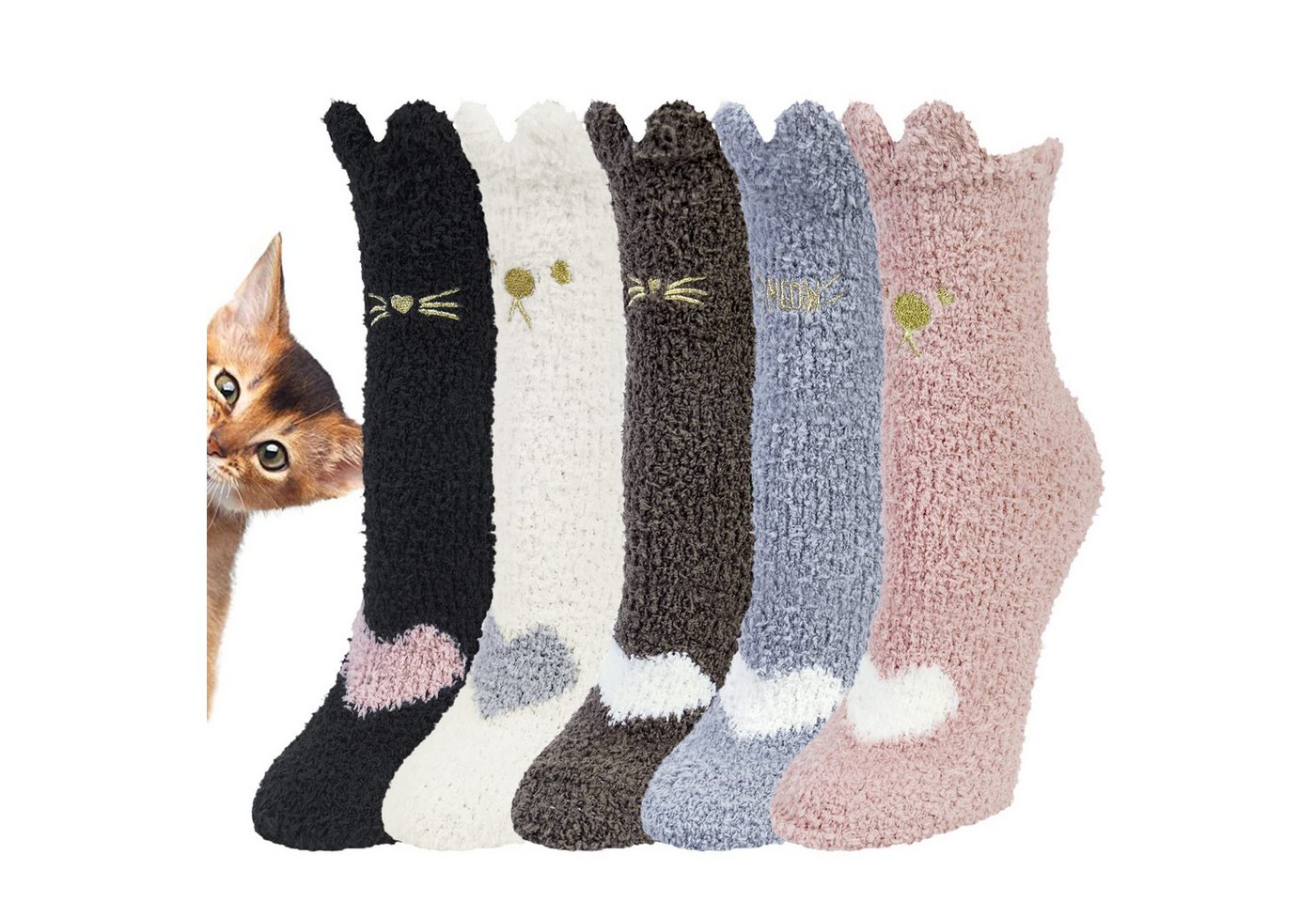 FOUORTUNATE-BEE Thermosocken 5 Paar Damen Kuschelsocken mit Katzenmotiv – Warm & Flauschig (5-Paar) Dicke Wintersocken als Haussocken oder Bettsocken für Frauen von FOUORTUNATE-BEE