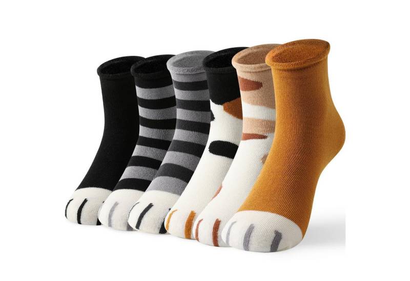 FOUORTUNATE-BEE Thermosocken 6 Paar Damen-Socken aus Fleece mit Katzenpfoten, Größe 35–42 (6-Paar) Kuschelige Damen-Cartoonsocken im Tierdesign, 6er-Pack, 35–42 von FOUORTUNATE-BEE