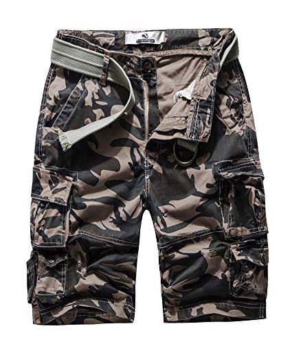 FOURSTEEDS Damen Baumwolle Butt Lift Multi Taschen Camouflage Casual Twill Bermuda Cargo Shorts mit Gürtel - Grün - 40 von FOURSTEEDS