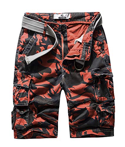 FOURSTEEDS Damen Baumwolle Butt Lift Multi Taschen Camouflage Casual Twill Bermuda Cargo Shorts mit Gürtel - Orange - 36 von FOURSTEEDS