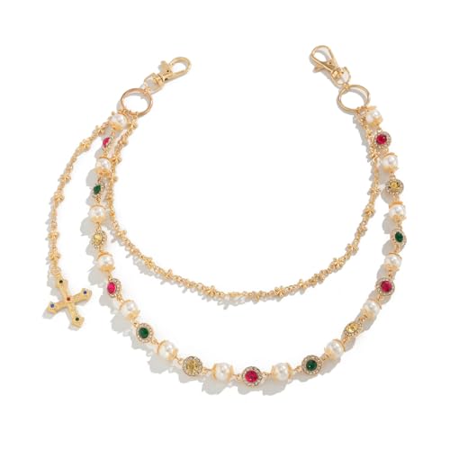 FOUTOUKEEP Goldene doppellagige Hosenkette mit Kunstperlen, bunte Acryl-Strasssteine, schmückender Kreuz-Anhänger, perfekt für trendige Hip-Hop-Geldbörsenkette, Schlüsselanhänger, Taschenzubehör von FOUTOUKEEP