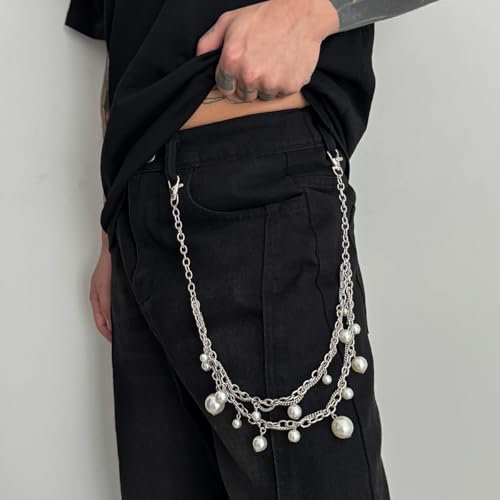 FOUTOUKEEP Unisex Hip-Hop Doppellagige Hosenkette mit gemischten Größen weiße Perlen, 57 cm Legierungsmetall, Jeans-Accessoire für Party & Street Style von FOUTOUKEEP