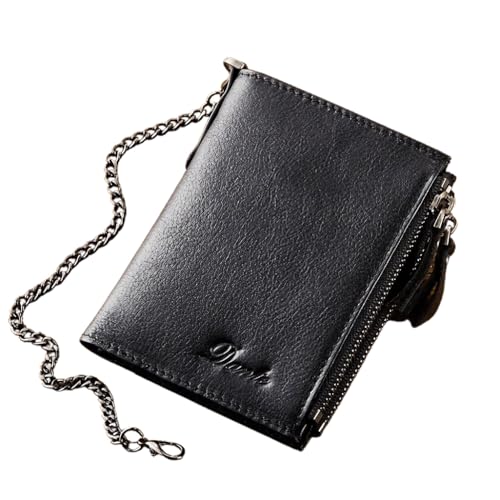 Geldbörse mit Kette für Männer Frauen Echtes Leder RFID Blocking Bi-Fold Geldbörse mit Kette Reißverschluss Münzfach Kreditkartenetui Transparent ID Fenster für Führerschein Biker Punk Hip Hop Stil von FOUTOUKEEP