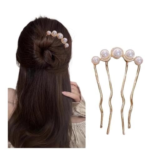 FOVAOK 2 x koreanische U-förmige Perlen-Haarnadeln für Frauen, elegante Metallgabeln, Vintage-Perlen-Haarnadeln, Haarstyling-Werkzeuge, Geschenke (B-Gold) von FOVAOK