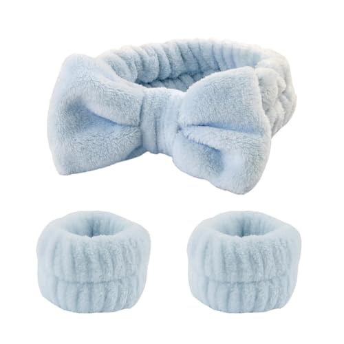 FOVAOK 3 Paar Gesichtsmanschetten für Damen, wasserdicht, saugfähig, Korallen-Fleece, Kaninchenohren, Stirnband, Haar-Accessoire-Set (blau) von FOVAOK