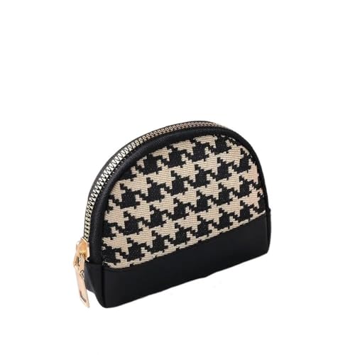 FOVAOK Damen Münzgeldbörse Hahnentritt-Stoff-Stickerei Doppellagige Reißverschlusstasche Leder Kartenhalter Mini-Schlüsselbörse, Schwarzer einzelner Reißverschluss, Einheitsgröße von FOVAOK