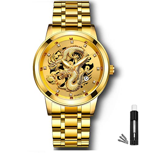 FOWAWU Herren Armbanduhr, 3D Gold Dragon Diamant Uhren, Auto Datum, Klassische Edelstahl Armbanduhr, Leuchtende 30 M wasserdicht Business Quarz Uhr FOWAWU Herren Armbanduhr, 3D Gold Dragon Diamant Uhren, Auto Datum, Klassische Edelstahl Armbanduhr, Leuchtende 30 M wasserdicht Business Quarz Uhr von FOWAWU