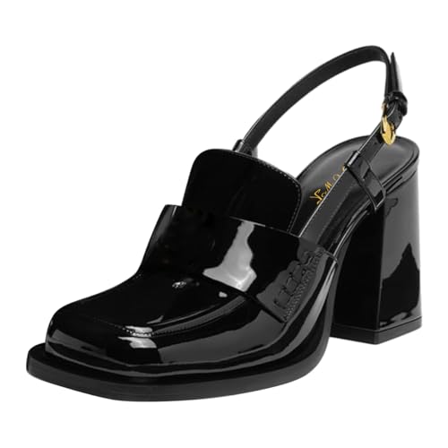FOWT Damen-Slipper mit quadratischem Zehenbereich, klobig, hoher Absatz, Slingback-Pumps zum Reinschlüpfen, tägliche Straßenschuhe, Größe 37-44, Schwarz, 41 EU von FOWT