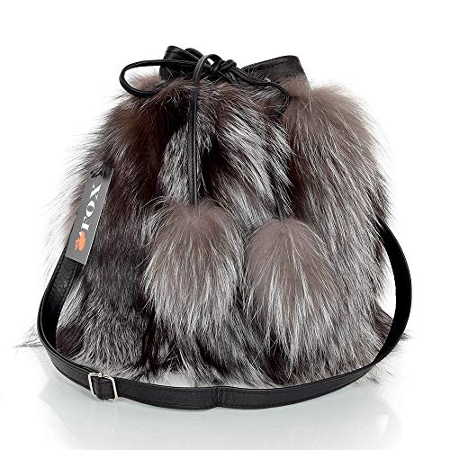 FOX FASHION Damen Beuteltasche aus Silberfuchs Fell Pelztasche Beutel Handtasche Fuchs Umhängetasche Pelz Grau Fuchspelz Tasche Echtfell Silber Felltasche Echt von FOX FASHION