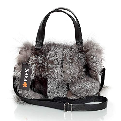 FOX FASHION Damen Handtasche mit Reißverschluss aus Silberfuchs Fell Pelztasche Handtasche Fuchs Fell Pelz Grau Fuchspelz Tasche Echtfell Silber Felltasche Echt von FOX FASHION