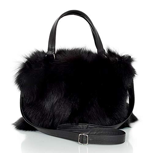 FOX FASHION Damen Handtasche mit Reißverschluss aus schwarz Fuchs Fell Pelztasche Handtasche Fuchs Fell Pelz Fuchspelz Tasche Echtfell Felltasche Echt von FOX FASHION