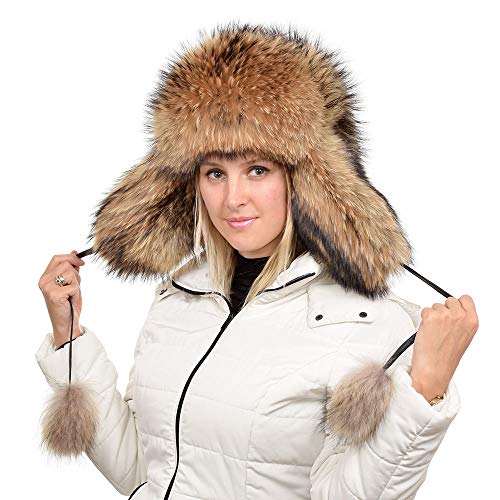 FOX FASHION Damen Uschanka Fliegermütze aus echtem Finnraccoon Fell Winter Mütze Pelz Pelzmütze Fellmütze Ski Tschapka Schapka Echtfell Echtpelz Raccoon von FOX FASHION