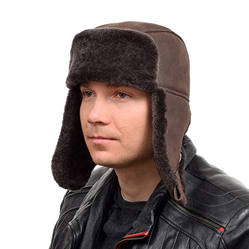 FOX FASHION Herren Fliegermütze aus Dunkelbraun Lammfell Winter Pelz Fell Mütze Kappe Pelzmütze Fellmütze Echt Ski Tschapka Schapka Echtfell Echtpelz (L) von FOX FASHION