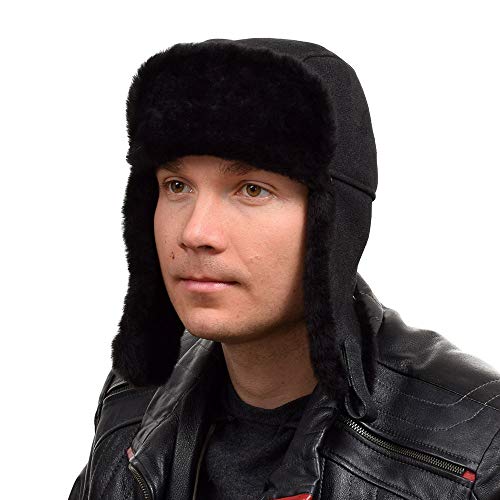 FOX FASHION Herren Fliegermütze aus schwarz Lammfell Winter Pelz Fell Mütze Kappe Pelzmütze Fellmütze Echt Ski Tschapka Schapka Echtfell Echtpelz (L) von FOX FASHION