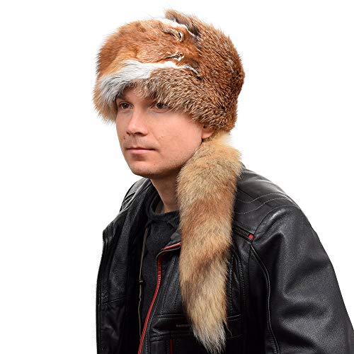 FOX FASHION Herren Rotfuchsfell Trappermütze mit Schweif und Kopf Winter Mütze Pelz Fell Trapper Rot Fuchsfell Pelzmütze Fellmütze Echt Ski Tschapka Schapka Echtfell Echtpelz Fuchs (L) von FOX FASHION