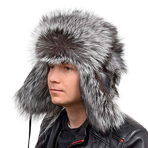 FOX FASHION Herren Uschanka Fliegermütze aus echtem Silberfuchsfell Winter Mütze Pelz Fell Pelzmütze Fellmütze Silber Fuchsfell Echt Ski Tschapka Schapka Silberfuchs Echtfell Echtpelz Fuchs (M) von FOX FASHION