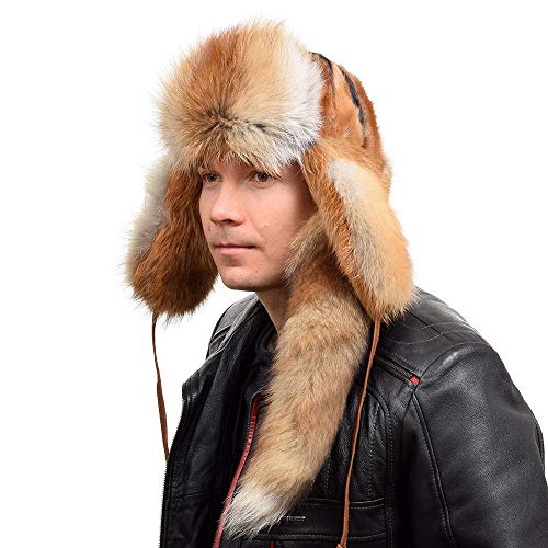 FOX FASHION Herren Uschanka Fliegermütze mit Schweif aus echtem Rotfuchs Fell Winter Mütze Pelz Pelzmütze Fellmütze Ski Tschapka Schapka Echtfell Echtpelz Rot Fuchs Rotfuchsfell (L) von FOX FASHION