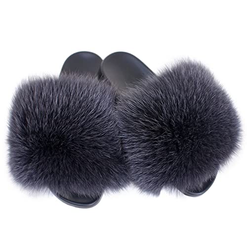 Fell Latschen Pelz Pantoffeln mit Fuchs Echtfell Echtpelz Schlappen Sandalen Finnraccoon Raccoon Fuchsfell Slipper Slides Schuhe Pantoletten von FOX FASHION